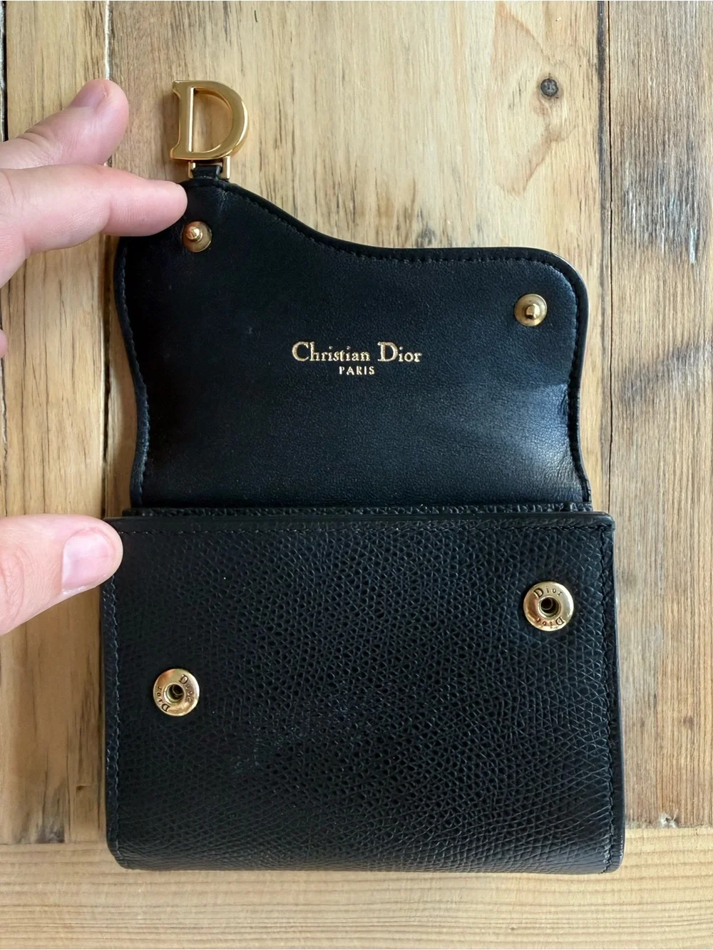 Christian Dior Vintage Saddle Trifold Wallet, Black Leather, Gold D Clasp